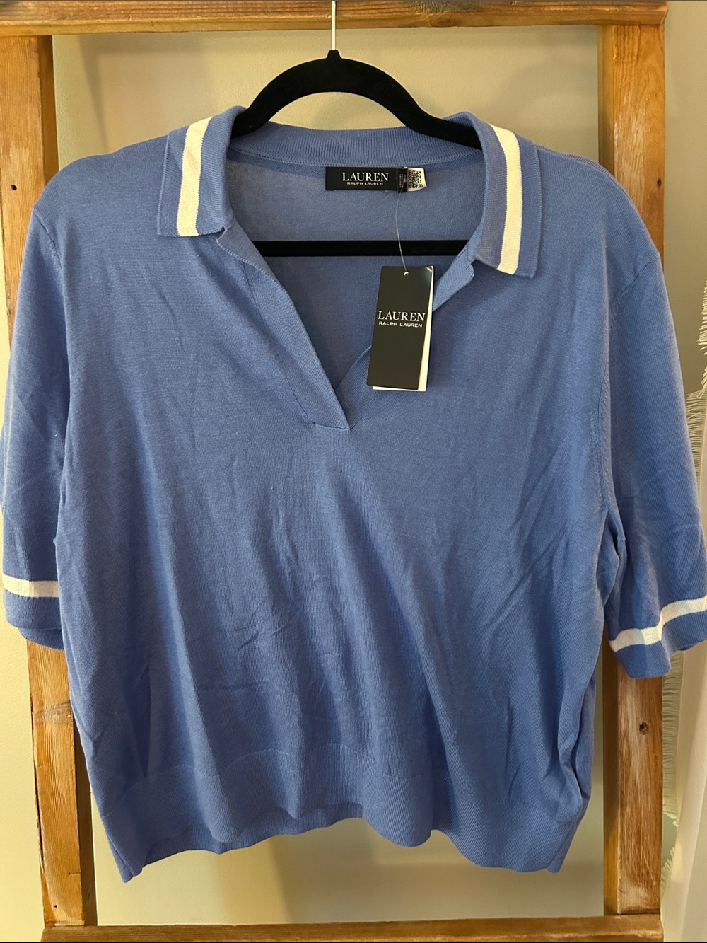 Lauren Ralph Lauren Blue Polo-Style Short Sleeve Sweater with White Trim